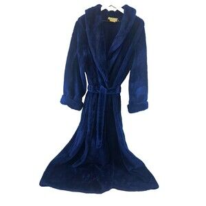 A Borg Fabric Robe Vintage Blue Tie Belt Plush Long Shawl Collar Womens Large